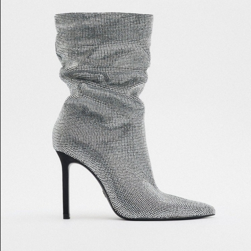 Sparkly Swarovski Black and White Heeled slouch Boots for Chic Style